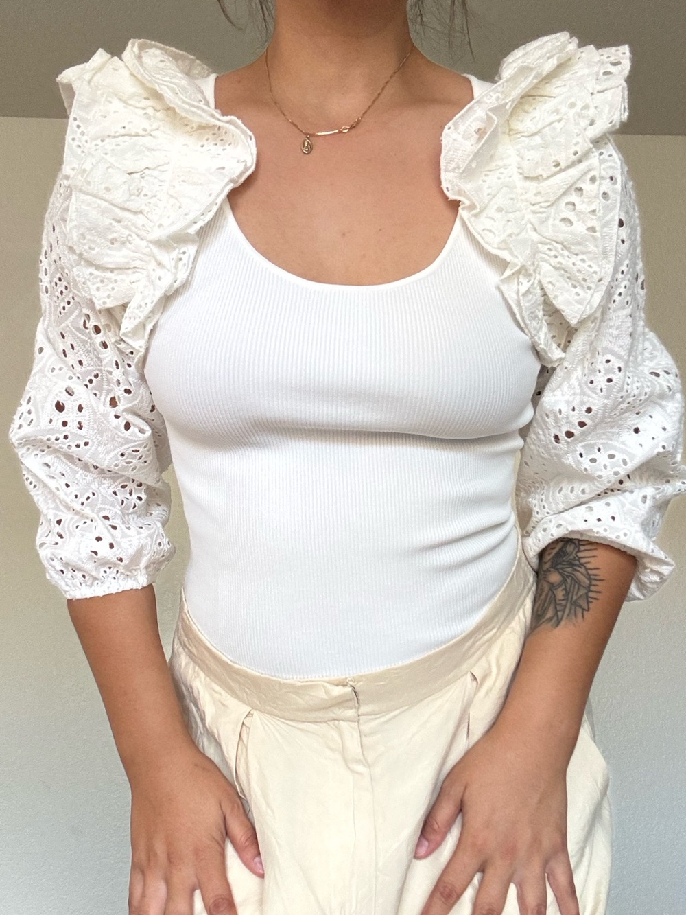 dolan White Eyelet Ruffle Sleeve Ribbed Blouse